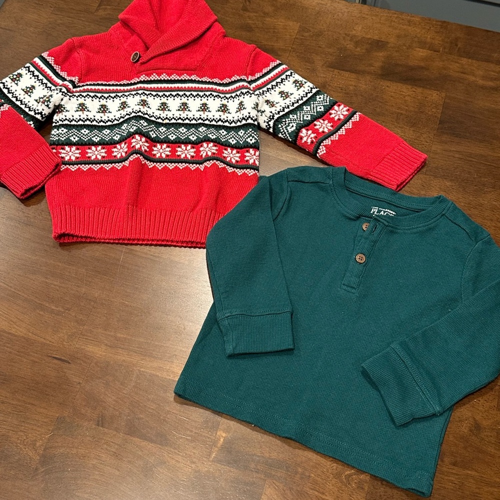 The Children's Place Festive Holiday Sweater and Green Henley Set